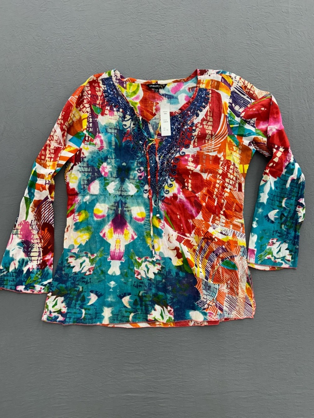 Chaudry Multi-Print Women's V-Neck Top with Embellished Neckline Semi-Sheer